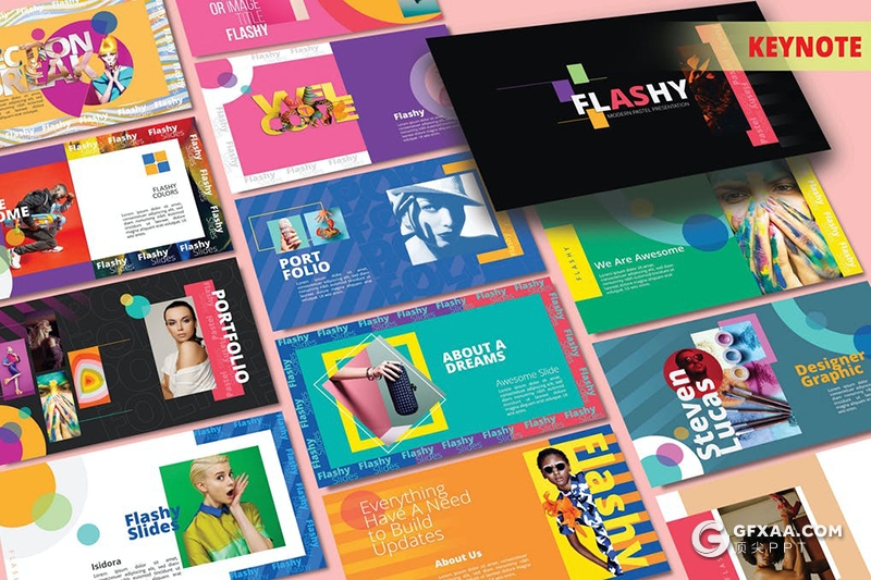 39页彩色几何图形潮流杂志风格keynote模板 - 顶尖PPT