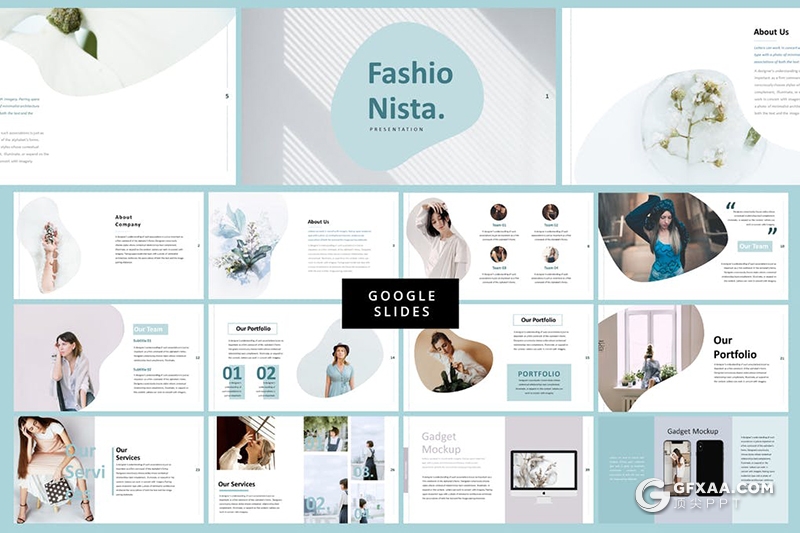 30页蓝色简约小清新风格模特服装摄影Google slides模板 - 顶尖PPT