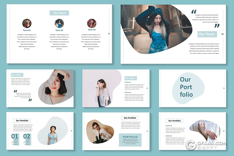 30页蓝色简约小清新风格模特服装摄影PPT模板 - 顶尖PPT