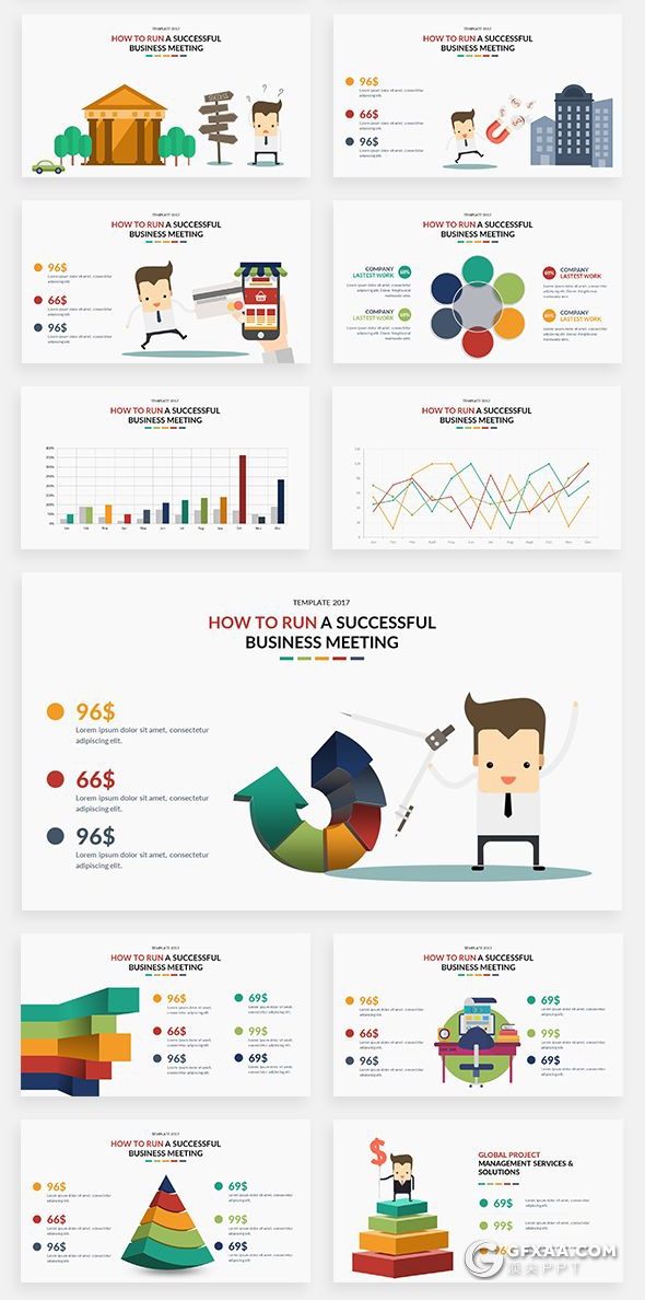 166高端商务卡通人物插画可视化数据信息图形图表PPT模板下载 - 顶尖PPT