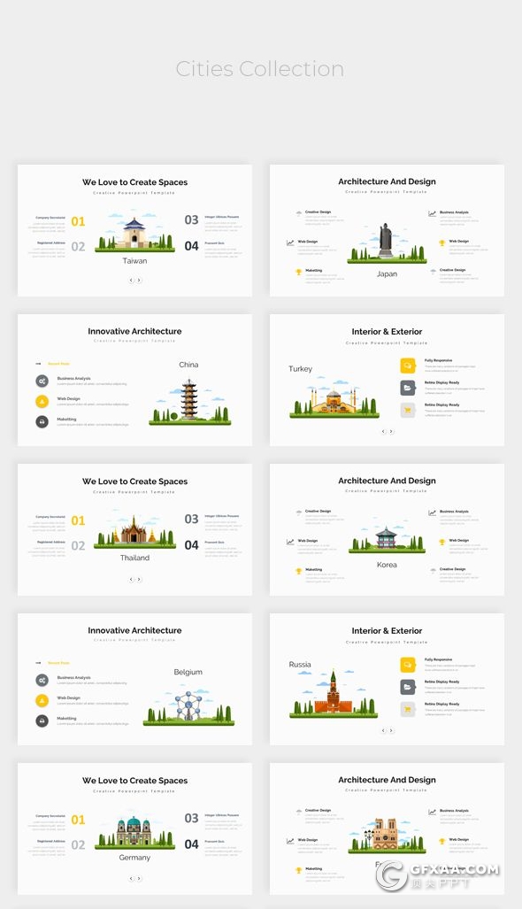 282页国外大型PPT模板商务图形世界各国地图标志性建筑插画商务通用PPT模板 - 顶尖PPT