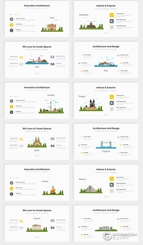282页国外大型PPT模板商务图形世界各国地图标志性建筑插画商务通用PPT模板 - 顶尖PPT