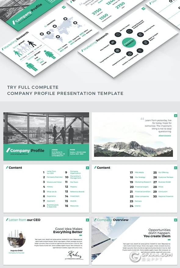 70页扁平化公司介绍年度报告商业提案PPT模板5种配色 - 顶尖PPT