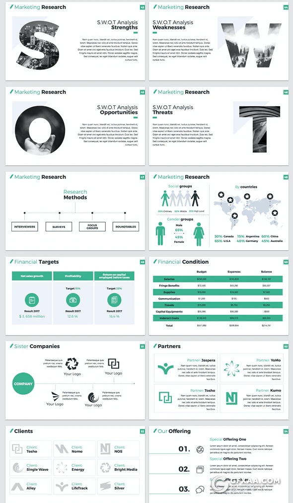 70页扁平化公司介绍年度报告商业提案PPT模板5种配色 - 顶尖PPT