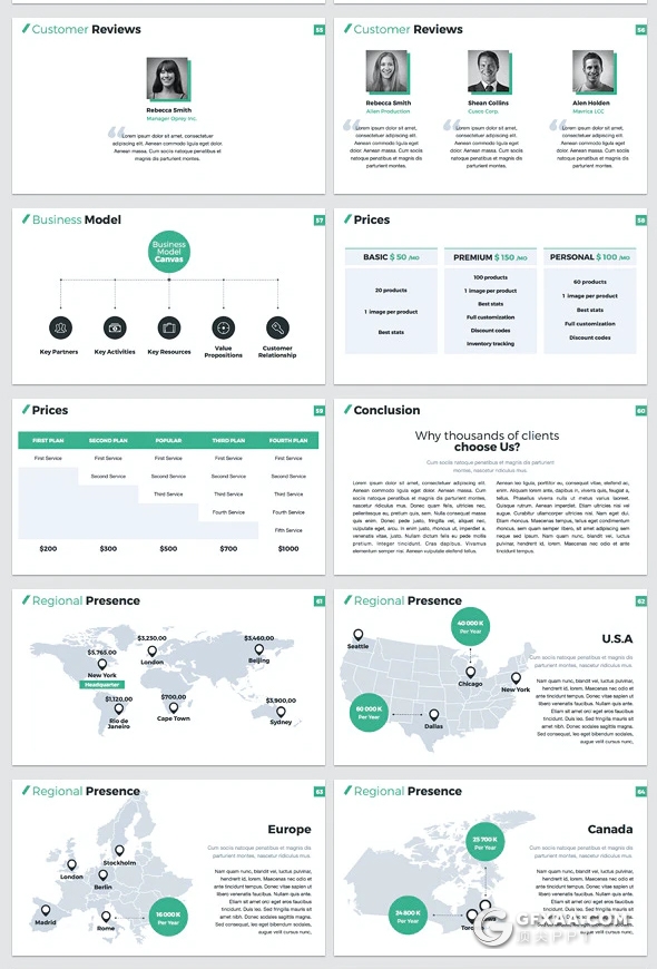 70页扁平化公司介绍年度报告商业提案PPT模板5种配色 - 顶尖PPT