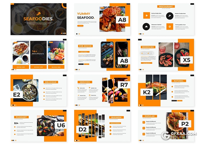 30页餐饮美食介绍展示Google slides模板5种配色 - 顶尖PPT