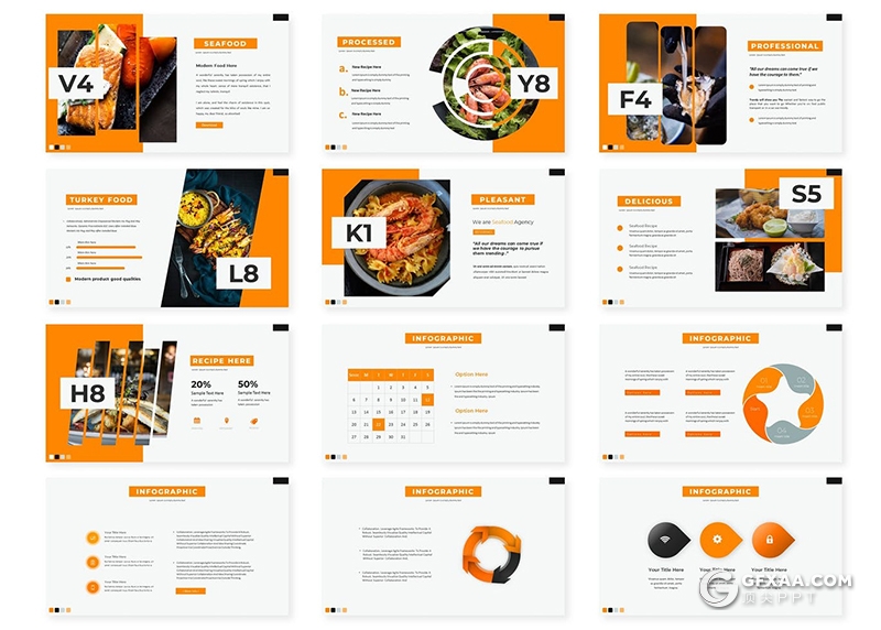 30页餐饮美食介绍展示Google slides模板5种配色 - 顶尖PPT