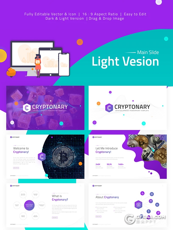 65页精美视觉效果设计金融业务互联网虚拟货币PPT模板11种配色 - 顶尖PPT