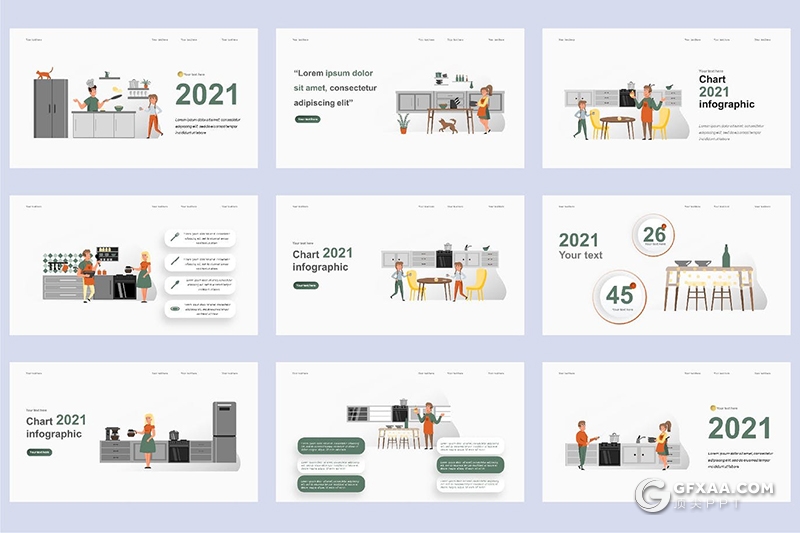45页烹饪厨师餐饮主题卡通人物场景插画PPT动画模板 - 顶尖PPT