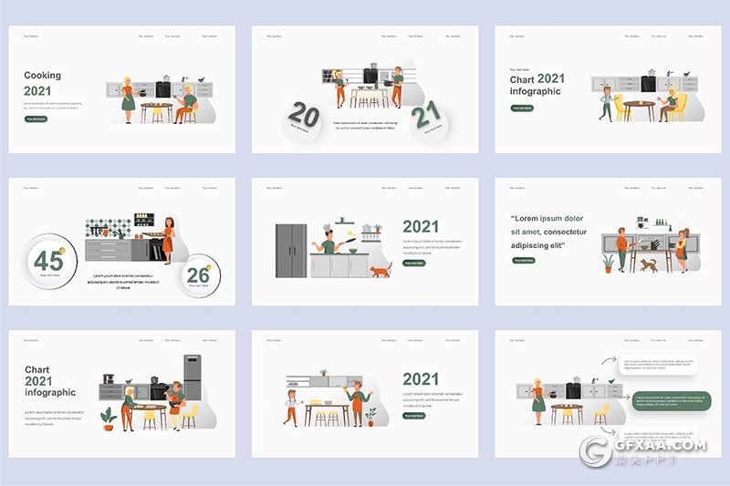 45页烹饪厨师餐饮主题卡通人物场景插画PPT动画模板 - 顶尖PPT