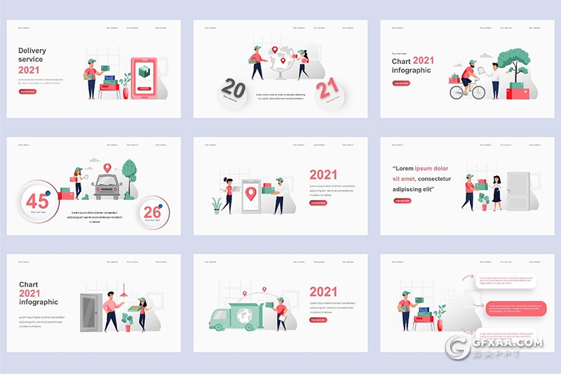 45页物流运输货物交付卡通插画PPT动画模板 - 顶尖PPT