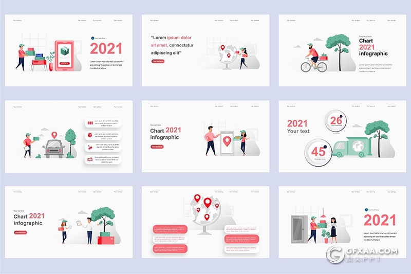 45页物流运输货物交付卡通插画PPT动画模板 - 顶尖PPT