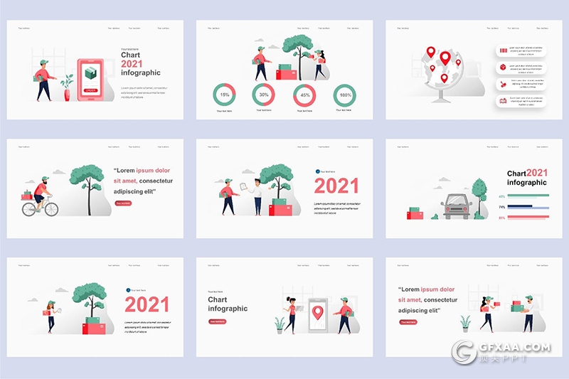 45页物流运输货物交付卡通插画PPT动画模板 - 顶尖PPT