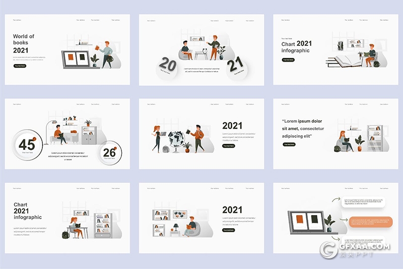 45页教育读书商业卡通人物概念插画PPT动画模板 - 顶尖PPT