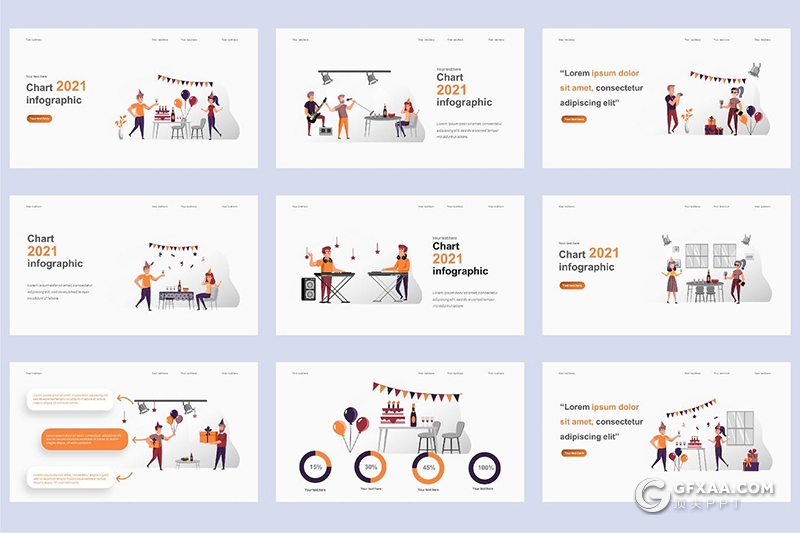 45页节日庆典欢度假日卡通人物场景概念插画PPT动画模板 - 顶尖PPT