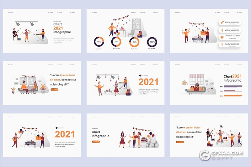 45页节日庆典欢度假日卡通人物场景概念插画PPT动画模板 - 顶尖PPT