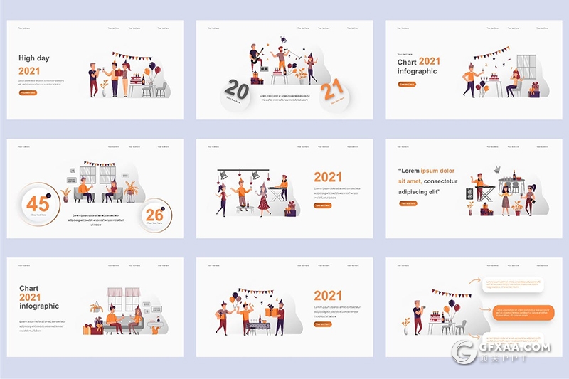 45页节日庆典欢度假日卡通人物场景概念插画PPT动画模板 - 顶尖PPT