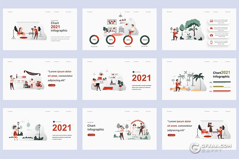 45页假日旅行户外摄影人物场景概念插画PPT动画模板 - 顶尖PPT