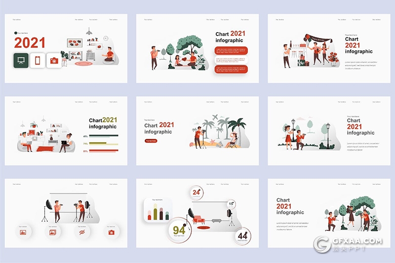 45页假日旅行户外摄影人物场景概念插画PPT动画模板 - 顶尖PPT