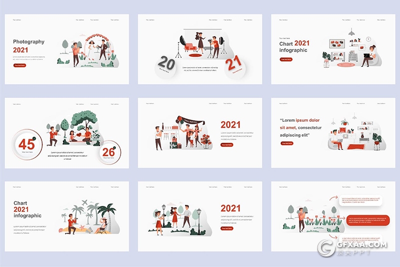 45页假日旅行户外摄影人物场景概念插画PPT动画模板 - 顶尖PPT