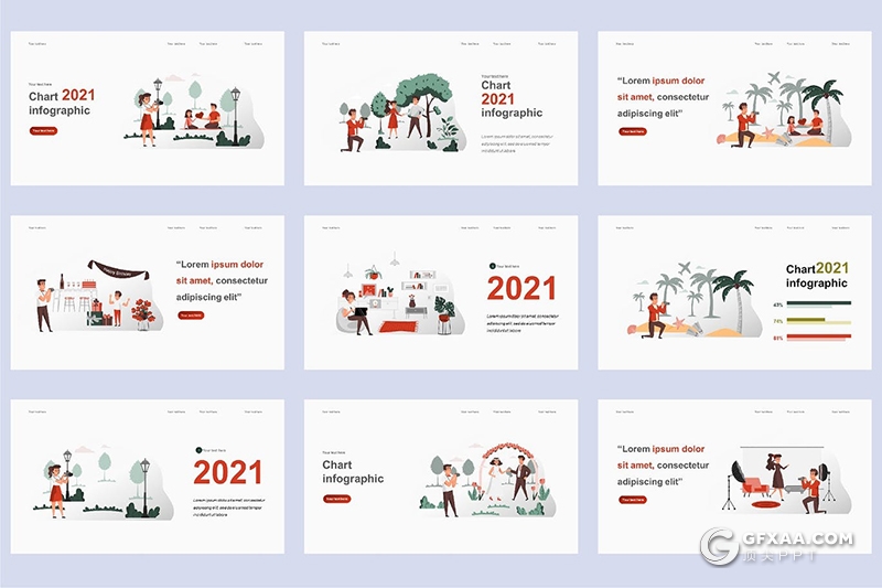 45页假日旅行户外摄影人物场景概念插画PPT动画模板 - 顶尖PPT