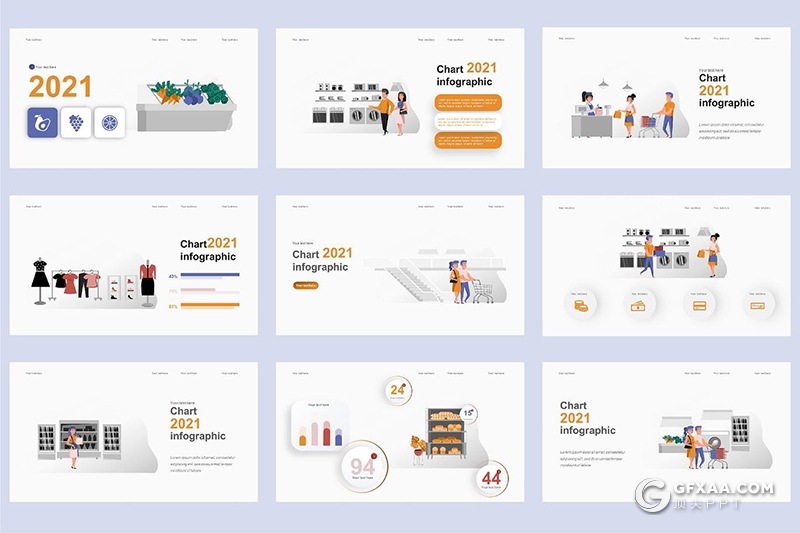 45页实体商店购物卡通人物场景插画PPT动画模板 - 顶尖PPT