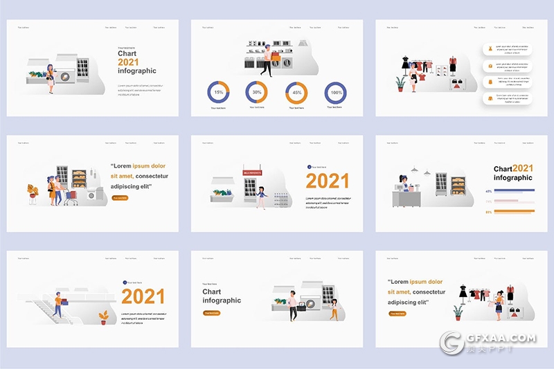 45页实体商店购物卡通人物场景插画PPT动画模板 - 顶尖PPT