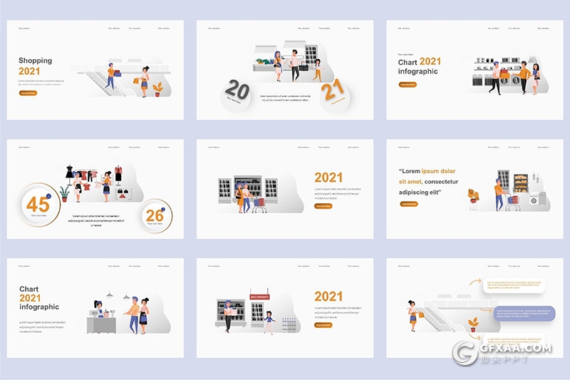 45页实体商店购物卡通人物场景插画PPT动画模板 - 顶尖PPT