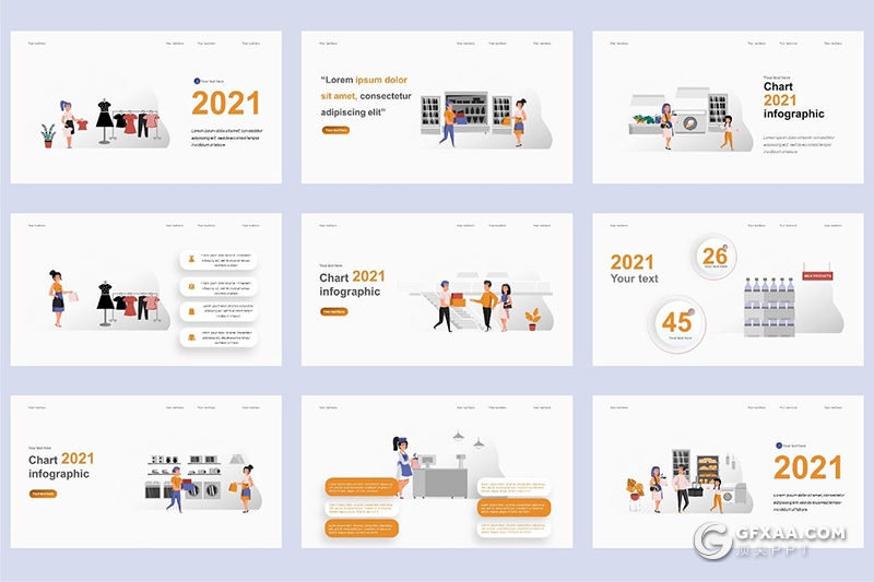 45页实体商店购物卡通人物场景插画PPT动画模板 - 顶尖PPT