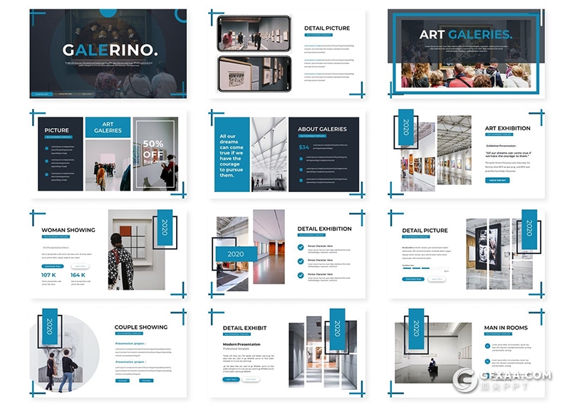 30页展厅布置大型艺术展示规划PPT模板5种配色 - 顶尖PPT