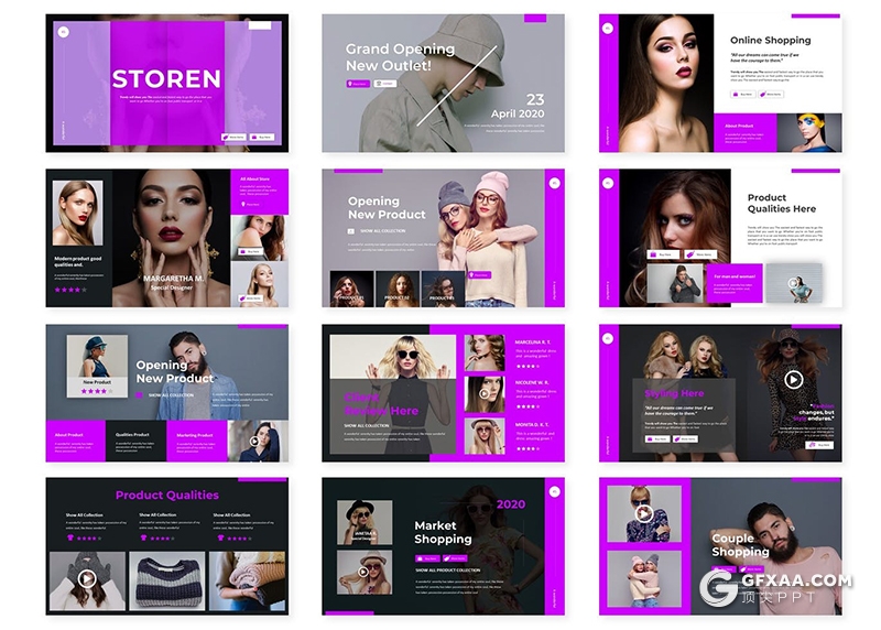 30页时尚杂志风格模特摄影写真PPT模板5种配色 - 顶尖PPT