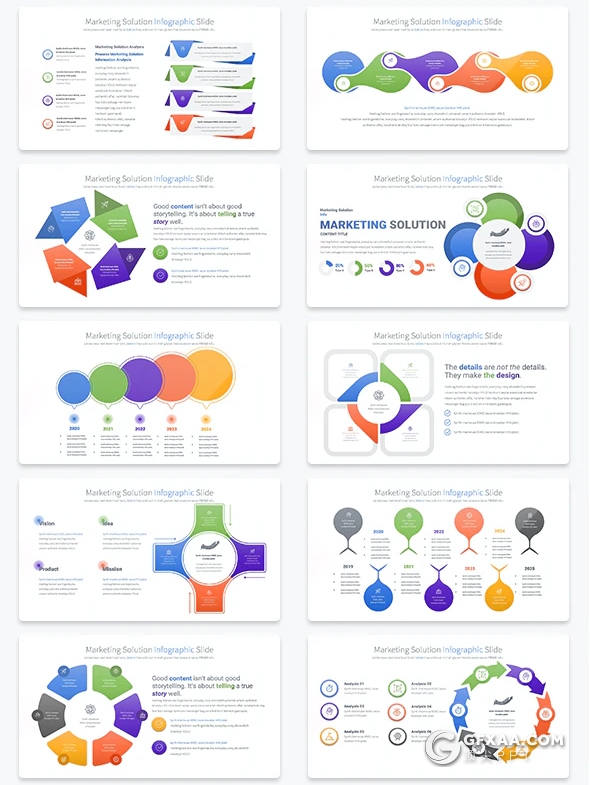 30页彩色营销解决方案PPT信息图形模板12种配色 - 顶尖PPT
