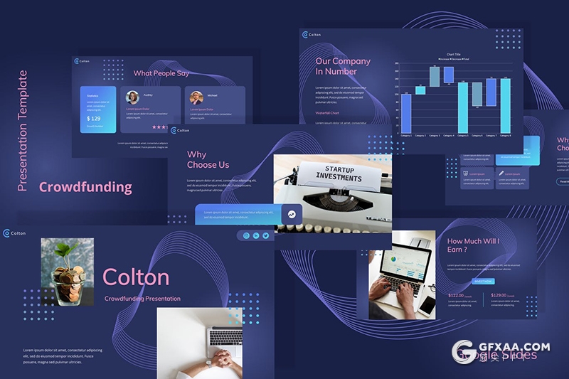 35页科技风项目资金众筹主题Google slides模板 - 顶尖PPT
