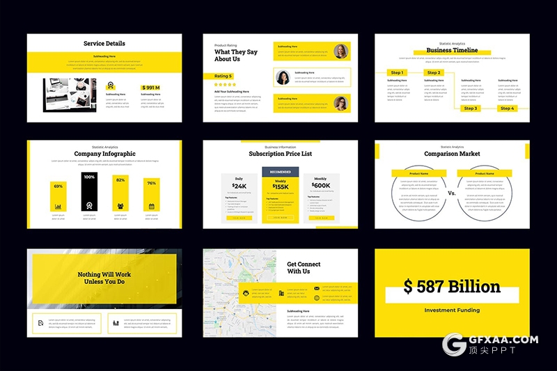 36页黄色扁平化商务报告工作总结国外PPT模板 - 顶尖PPT