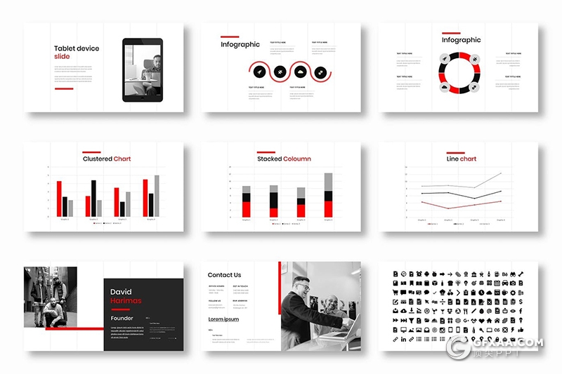 39页扁平化黑红配色企业团队介绍项目合作国外PPT模板 - 顶尖PPT