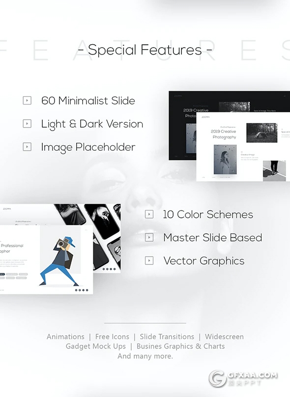 60黑白摄影艺术风格图片展示PPT模板 - 顶尖PPT