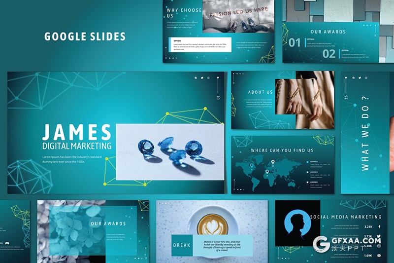 35页蓝色科技风格数字营销Google slides模板 - 顶尖PPT