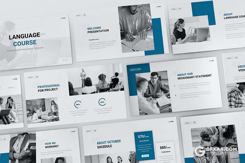 30页蓝色课程语言教育培训机构PPT模板 - 顶尖PPT