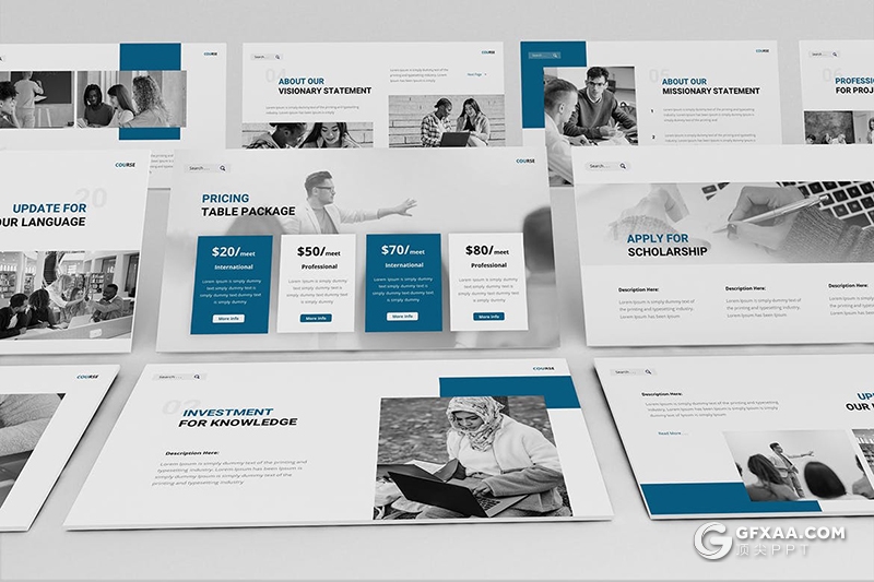 30页蓝色课程语言教育培训机构PPT模板 - 顶尖PPT