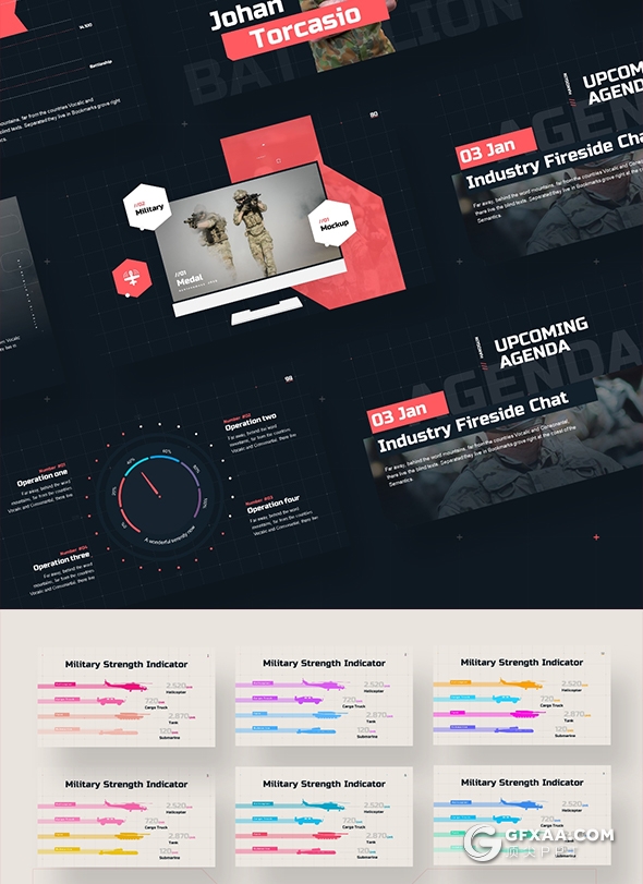 100页军事科技风格航空母舰军事武器主题PPT模板 96种XML配色 - 顶尖PPT
