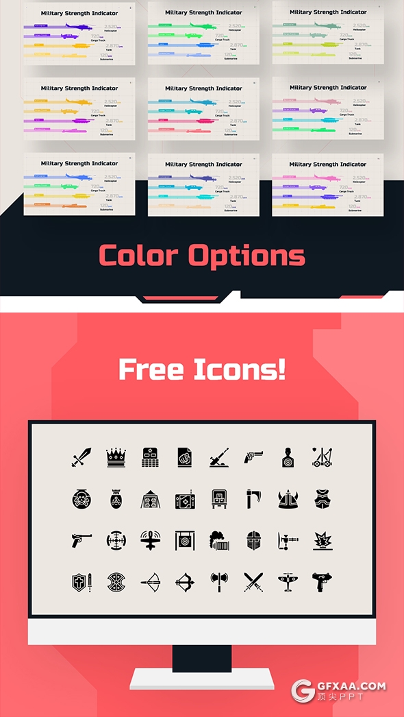 100页军事科技风格航空母舰军事武器主题PPT模板 96种XML配色 - 顶尖PPT