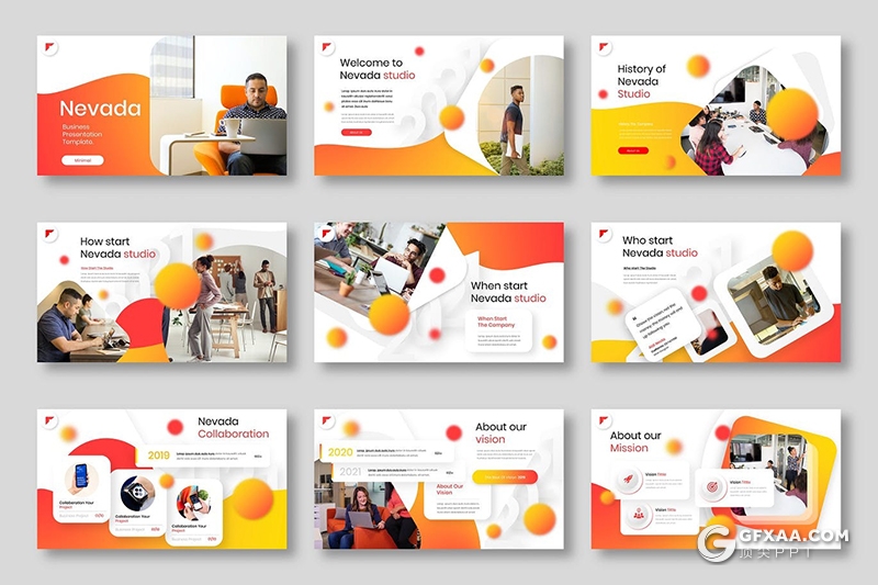 39页国外创意虚化圆形2021年终工作汇报Google slides模板 - 顶尖PPT