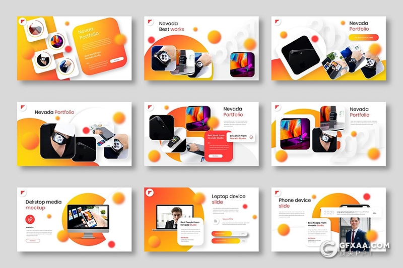 39页国外创意虚化圆形2021年终工作汇报Google slides模板 - 顶尖PPT