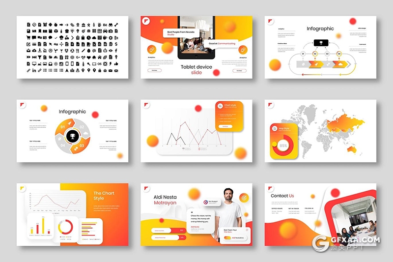 39页国外创意虚化圆形2021年终工作汇报Google slides模板 - 顶尖PPT