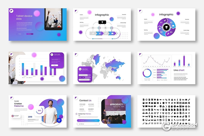 39页蓝紫色商务年终工作计划总结高端国外Google slides模板 - 顶尖PPT