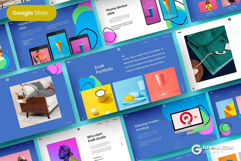 39页国外扁平化设计风格创作作品展示Google slides模板 - 顶尖PPT
