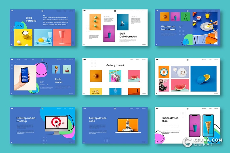 39页国外扁平化设计风格创作作品展示Google slides模板 - 顶尖PPT