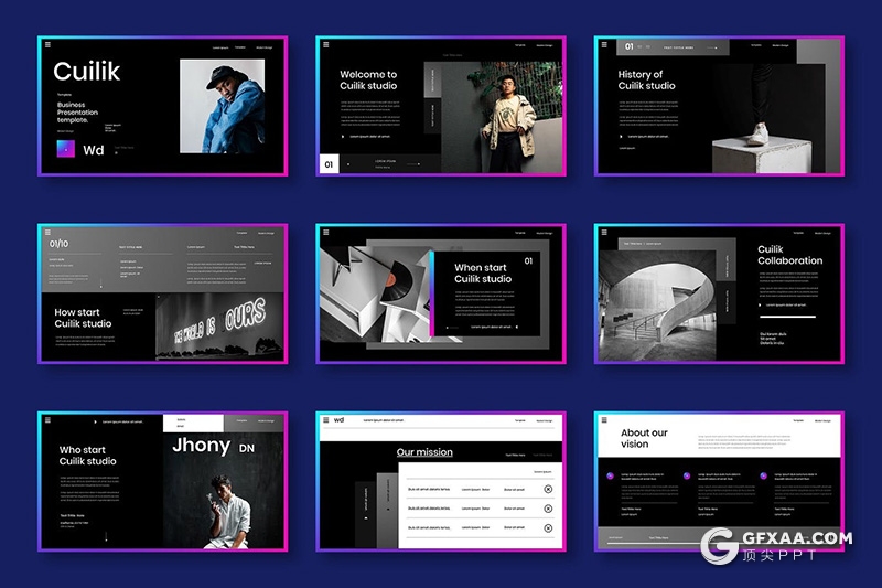 30页黑色时尚杂志摄影模特写真Google slides模板 - 顶尖PPT