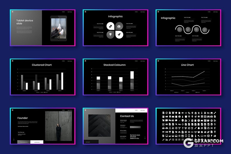 30页黑色时尚杂志摄影模特写真Google slides模板 - 顶尖PPT