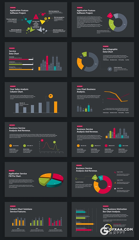 91页黑底彩色图形设计国外商务风格企业介绍工作汇报PPT模板 - 顶尖PPT